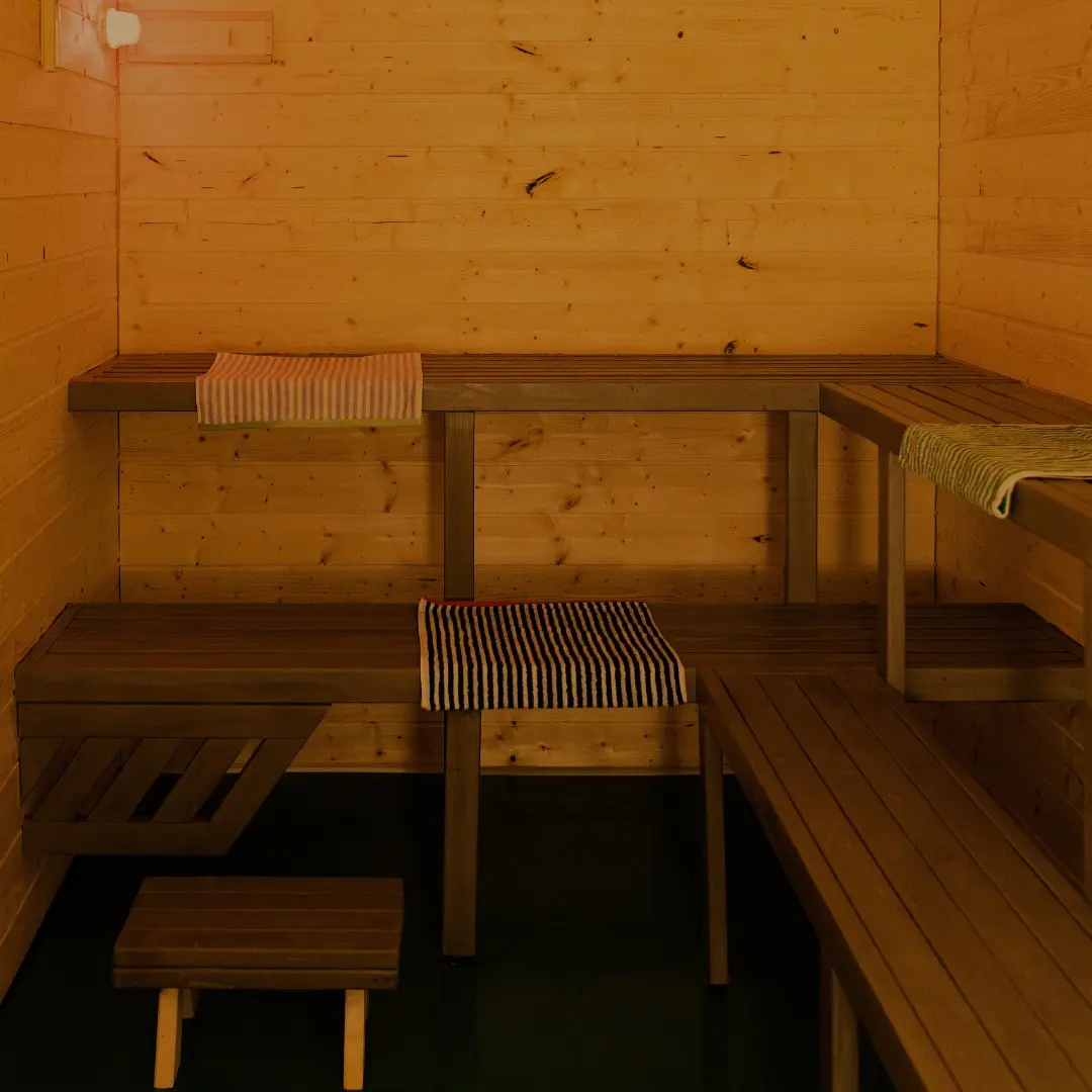 Wooden benches inside the sauna at TheBay